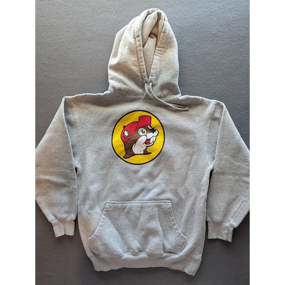 Buc-ee's Hoodie Mens Small Gray Fleece Pullover Sweatshirt Graphic Beaver Logo